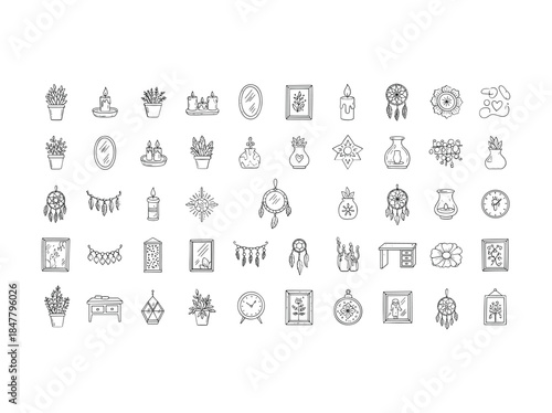 Collection of various black and white line icons