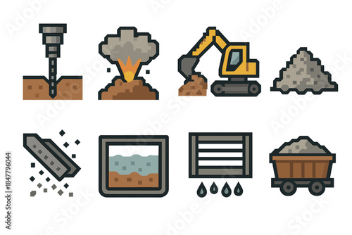 Raw Material Icons. Raw material recovery steps set of icons in flat pixel vector style: borehole drill, blast plume, excavator scoop, crushed material, vibrating screen, settling
