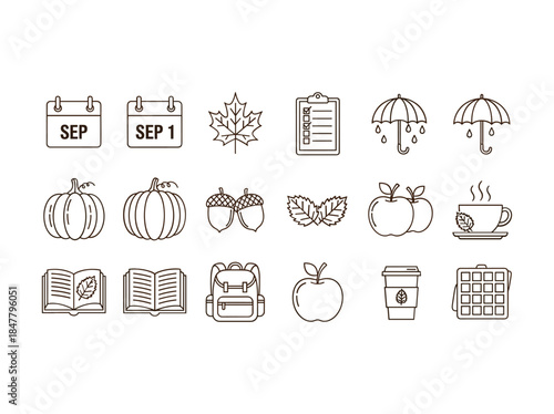 Autumn season icons set with calendar and coffee cup