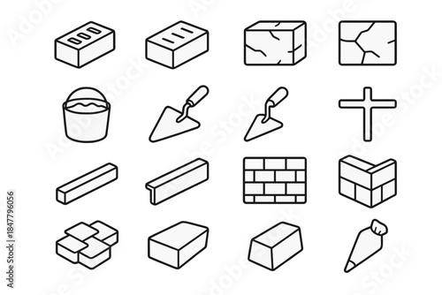Masonry Tools Icons. Masonry Elements linear set: clay brick, concrete brick, stone block, mortar bucket, masonry trowel, joint spacer, lintel bar, veneer panel, corner block,