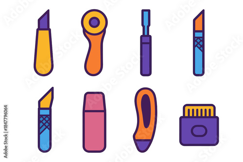 Crafting Cutter Icons. Specialty crafting cutters flat set: tapered blade knife, rotary cutter, narrow chisel, hobby scalpel, angled blade, storage sheath, ergonomic grip, blade