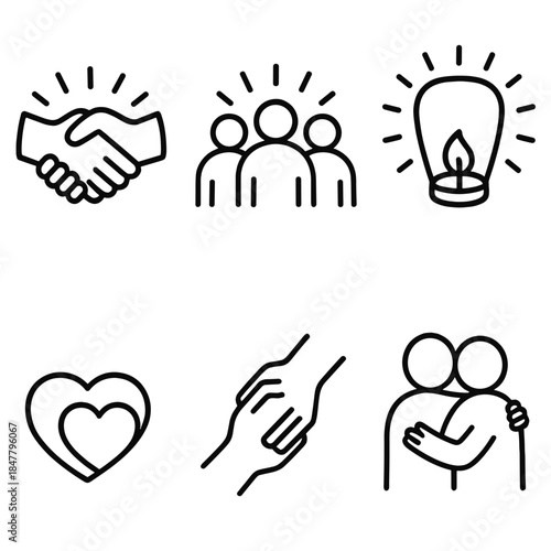 Unity Icons Collection. Independence Day Harmony Set linear set: handshake, peaceful crowd, shared lantern, heart ring, mutual support icon, soft radiance.