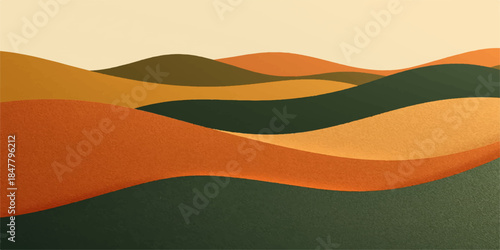 Vector illustration of an abstract summer landscape background with wavy orange sun lines and green nature paper texture patterns for a decorative banner design
