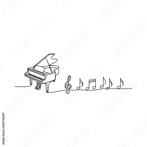 Minimalist line drawing depicts a grand piano and musical notes flowing elegantly