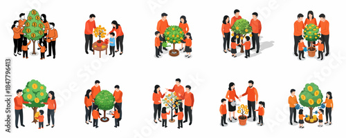 Isometric Happy Family Cultivating and Caring for a Growing Tree Illustration Set