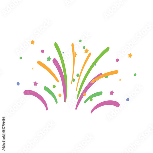 Vibrant festive explosion graphic with colorful confetti and sparkling stars