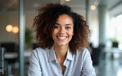 Pretty woman with curly hair wearing striped shirt smiles in an office during the daytime, exuding confidence and professional charm. High quality