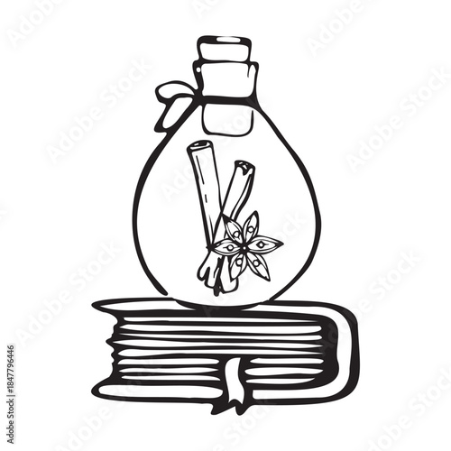 Glass bottle with cinnamon stick and star anise, symbol of spice, magic potion, or elixir on book isolated on whit. Doodle vector illustration for clip art