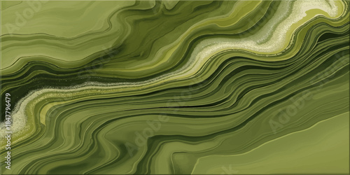 An abstract green background featuring a liquid silk flow and gold paint swirls creates a decorative wallpaper design with a satin fabric texture and light wave patterns
