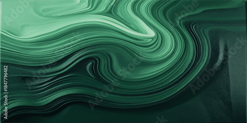 Abstract green background with blue waves features a digital liquid texture and a spiral vortex design that creates a motion of energy and light in a flowing wallpaper backdrop