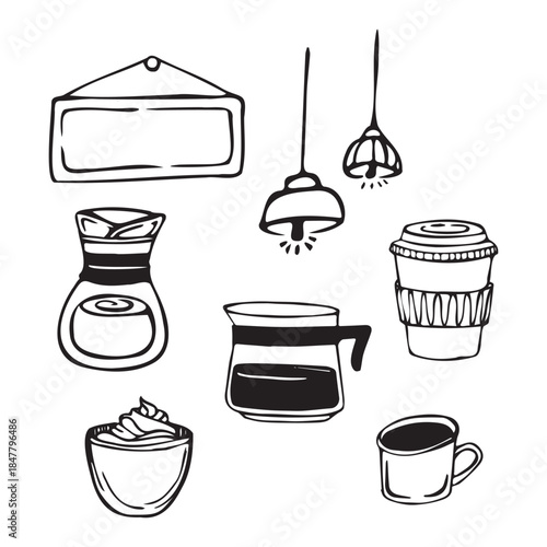 Doodle coffee shop element set. Hand drawn hot beverage and light fixture. Minimalist concept. Vector illustration for cafe design