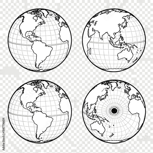 [Vector EPS]Four black and white global maps showing different projections and views