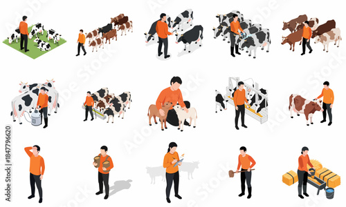 Isometric Farm Landscape with Cow and Farmer Activities Illustration