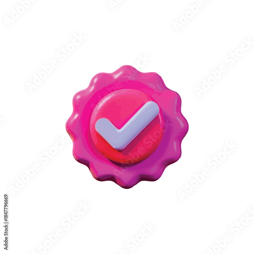 Vibrant 3D Rendered Pink Checkmark Badge Icon for Approval and Success