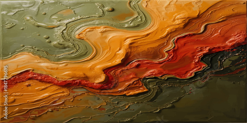 A vibrant liquid art design featuring yellow and red swirls that flow into orange and yellow waves across a gold surface with a paint texture ripple backdrop