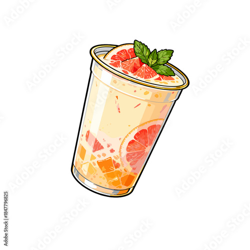[Vector EPS]Refreshing citrus fruit beverage with mint garnish in a clear plastic cup