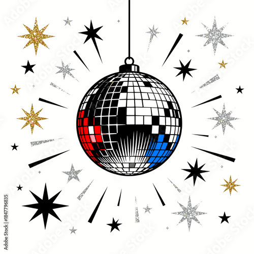 [Vector EPS]Colorful disco ball with starry decorations around