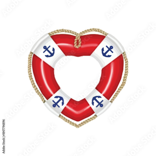 Heart-shaped life preserver with nautical anchors, a symbol of safety and maritime love