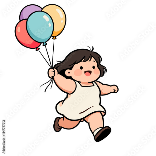 [Vector EPS]A joyful little girl running with colorful balloons in hand