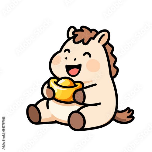 [Vector EPS]Cute cartoon horse holding gold ingot with happy expression