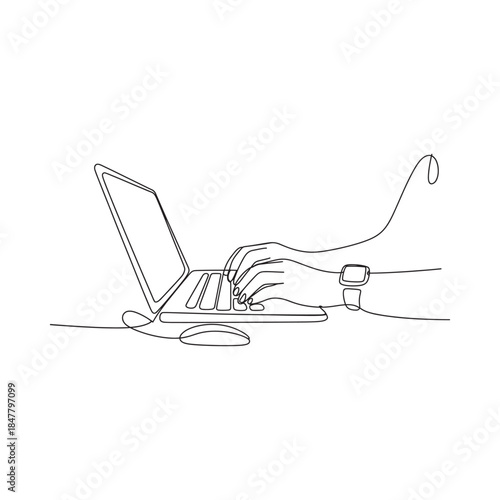 A continuous line drawing of hands typing on a laptop with a smartwatch