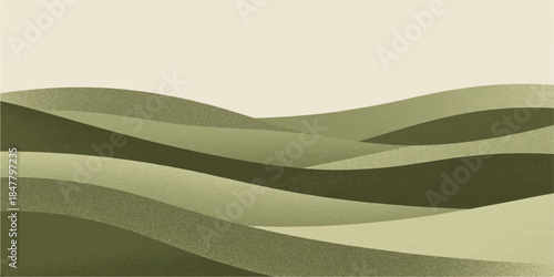 An abstract green vector landscape featuring rolling summer meadow hills and flowing waves under a bright blue sky with sun and clouds