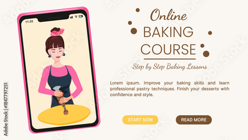 Online baking course poster with pastry bag and cake decoration on smartphone screen. Flat illustration banner for advanced baking skills, pastry techniques and online cooking classes.