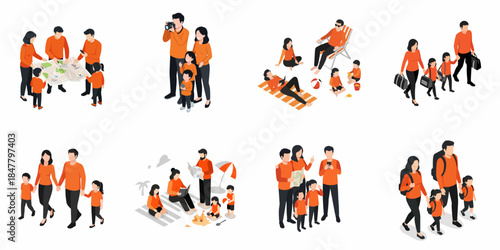 Isometric Illustration of Family Activities on Holiday Vacation Set Bundle
