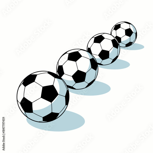 [Vector EPS]Row of soccer balls showing different sizes and shapes