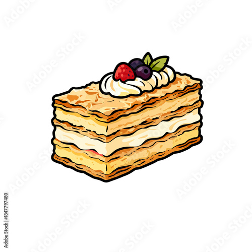 [Vector EPS]Delicious multi-layered cake with cream and fresh fruits on top
