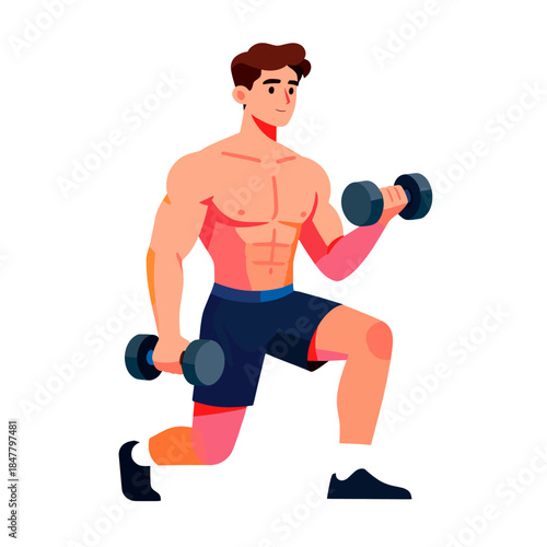 [Vector EPS]Man doing lunges with dumbbells for strength training exercise