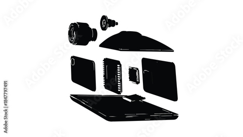Disassembled smartphone parts on white background