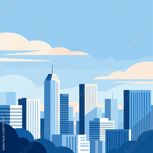 [Vector EPS]Modern city skyline with tall buildings under a blue sky