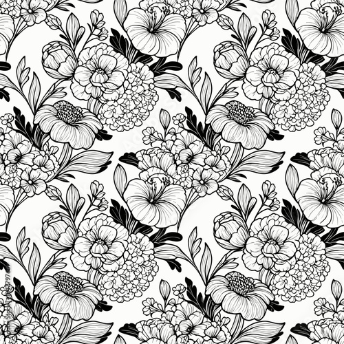 [Vector EPS]Black and white floral pattern with various flowers and leaves