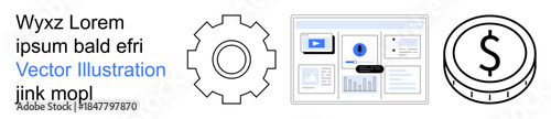 Business innovation, fintech, web interface analytics, currency, process optimization, technology solutions. Gear cog, website screen coin symbol. Fintech and process optimization concept