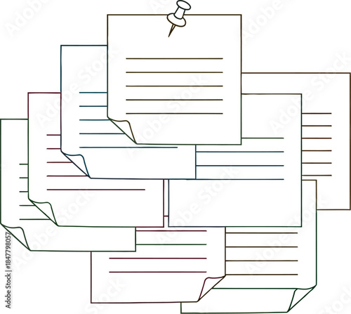 Colorful stack of paper documents with lines and notes, business concept, office work, paperwork, organization, planning, colorful, creative, modern