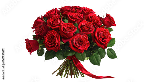 A vibrant bouquet of deep red roses tied with a matching ribbon, contrasted against a black background