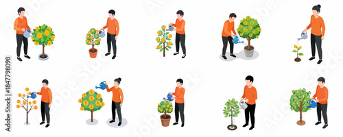 Isometric Style Conceptual Man Watering Money Tree Process Illustration