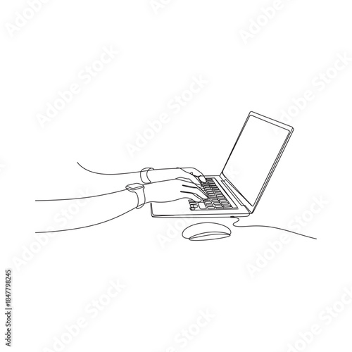 Simple line art illustration of hands typing on a laptop with a mouse nearby