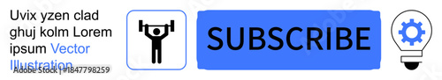 Digital marketing, online engagement, fitness motivation, innovation, idea generation, subscription services. A subscribe button alongside fitness and light bulb icons. Digital marketing and online
