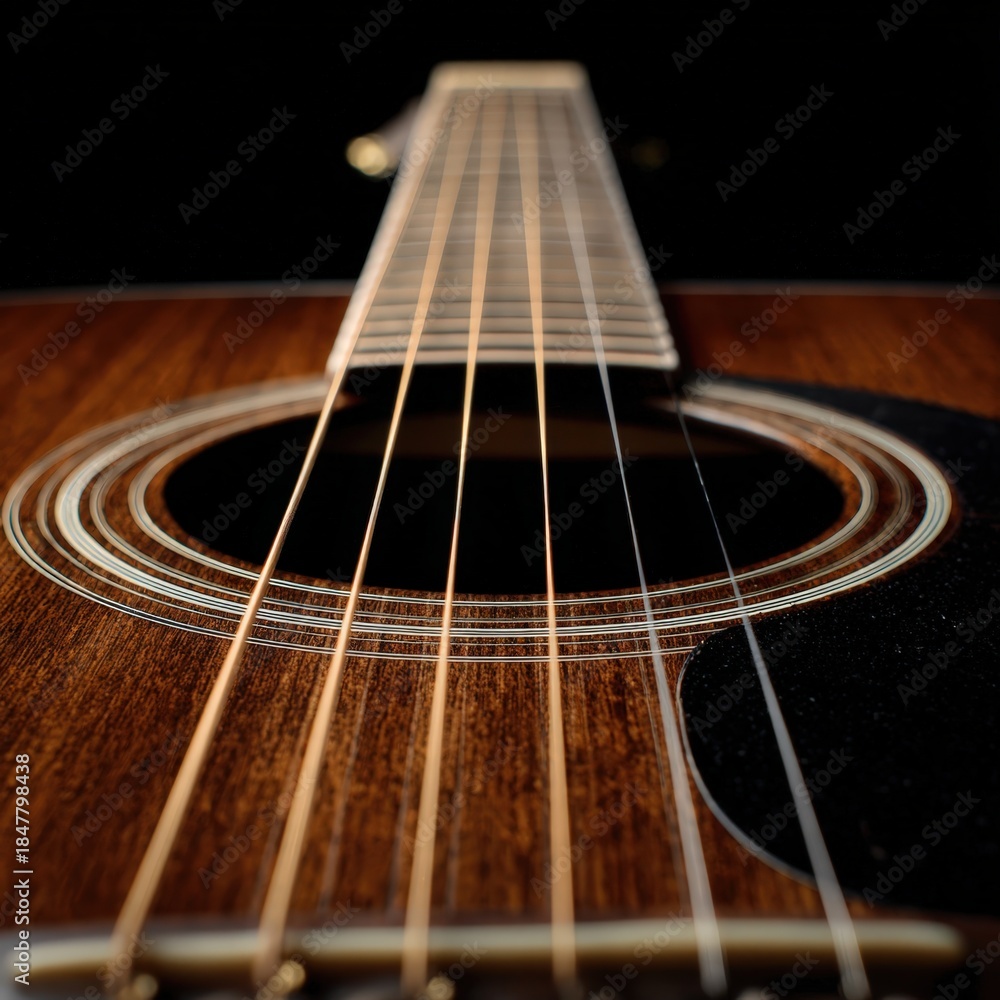 Obraz premium Guitar's Soul: A close-up view captures the intricate details of a classic acoustic guitar, with the strings and soundhole taking center stage, inviting you to embrace the music.