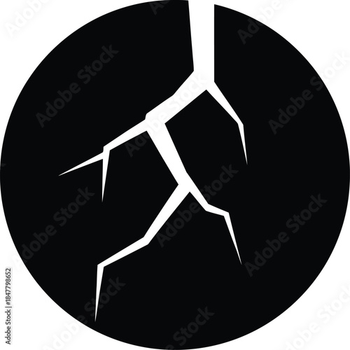 Stylized white crack pattern on a solid black circular background symbolizing damage, breakage, or a fractured surface, ideal for iconographic representation of crisis or structural weakness