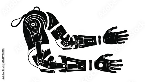 Robotic arm and hand with mechanical joints on white background