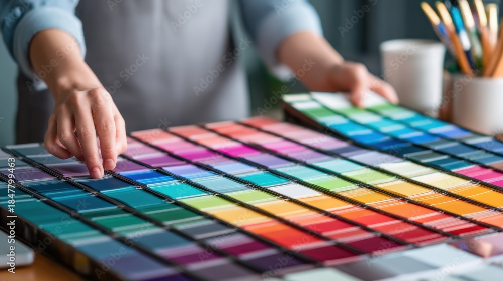 Fototapeta premium Skilled graphic designer arranging vibrant square flyer samples on a desk illustrating innovative and compact advertising solutions.