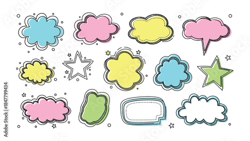 Colorful speech bubbles and stars in array: An assorted collection of vibrant speech bubbles and stars, perfect for conveying messages and adding visual flair to designs.