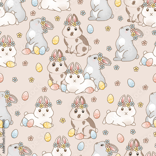 Easter seamless pattern with bunnies, flowers, easter eggs, pastel spring pattern