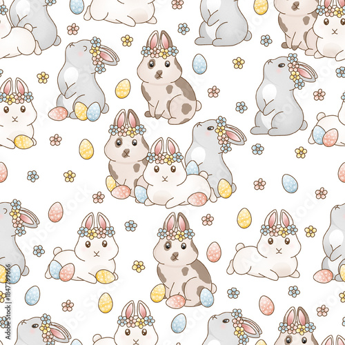 Easter seamless pattern with bunnies, flowers, easter eggs, pastel spring pattern