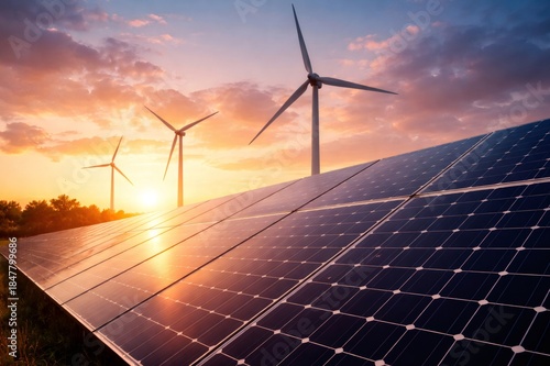 Solar panels and wind turbines generating renewable energy at sunset