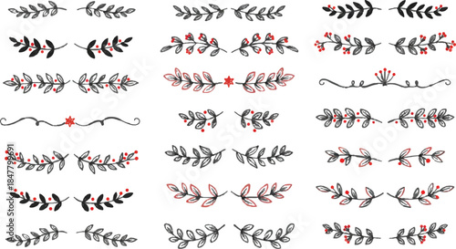 christmas dividers set. hand drawn ornamental winter holiday text decor border, xmas floral underline, vector collection hand drawn design elements, create christmas dividers set.