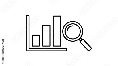 Minimalistic line icon representing data analysis with a bar graph and magnifying glass